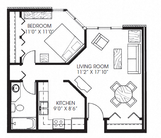 Floor plan for 1 bed, 1 bath, 636 sqft